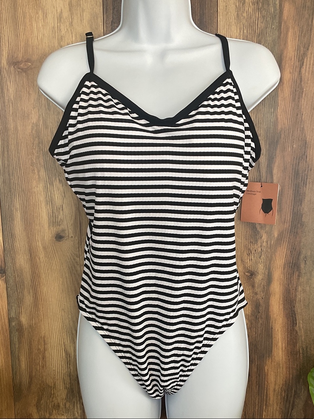 Shade & Shore Black and White Striped One-Piece Swimsuit NWT